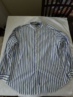 Polo Ralph Lauren Men's Band Collar Long Sleeve Shirt XXL Blue And White Stripes